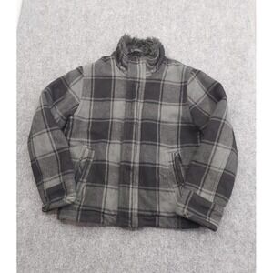 American Eagle Jacket Coat Medium Black Gray Plaid Full Zip Wool Quilted Lined